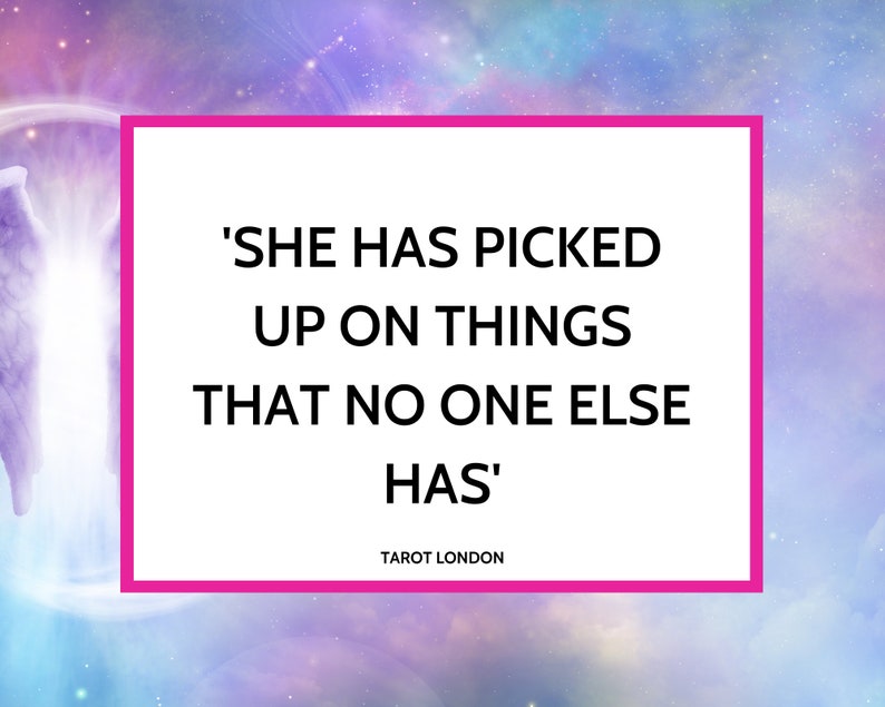 May include: Pink and purple background with a white rectangle containing the text 'SHE HAS PICKED UP ON THINGS THAT NO ONE ELSE HAS' and the text 'TAROT LONDON' at the bottom.