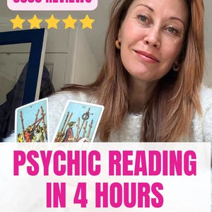 May include: Image features a woman with tarot cards and the text "PSYCHIC READING IN 4 HOURS." Above, a pink banner reads "3500 REVIEWS" with five gold stars. The tarot cards are displayed on a wooden surface.