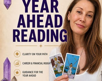 May include: An image promoting a "Year Ahead Reading" service. The image features a woman holding two tarot cards, with text indicating clarity, career, and financial insight. Decorative crystals, a candle, and a crescent moon are also visible.