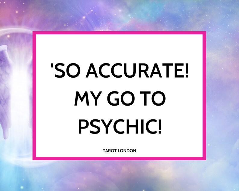 May include: A pink rectangle with white text that reads 'SO ACCURATE! MY GO TO PSYCHIC! TAROT LONDON'. The background is a blurry image of a galaxy with pink, blue, and purple colors.