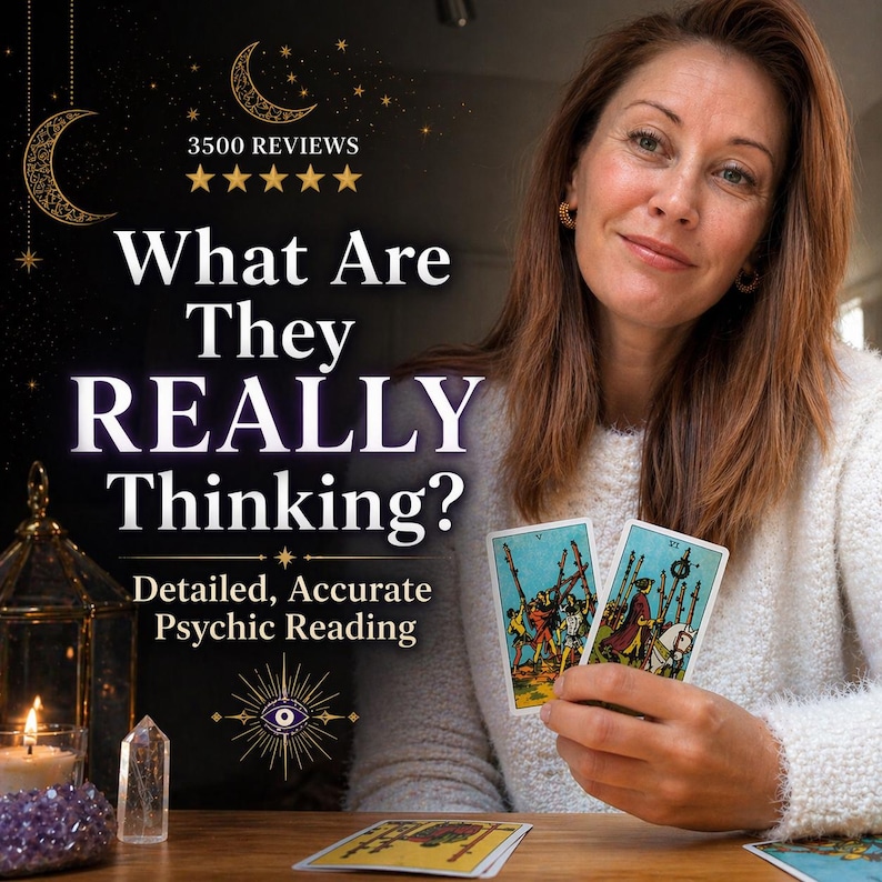 Pu&ograve; includere: Una donna tiene in mano carte dei tarocchi, che annunciano una lettura psichica dettagliata. L'immagine include il testo "What Are They REALLY Thinking?" e "Detailed, Accurate Psychic Reading."
