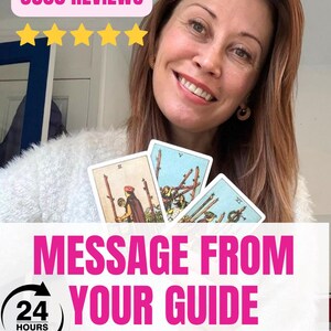 May include: A woman smiling, holding three tarot cards. The image includes text that reads "3500 REVIEWS" and "MESSAGE FROM YOUR GUIDE" with a 24-hour clock icon. The background is blurred.
