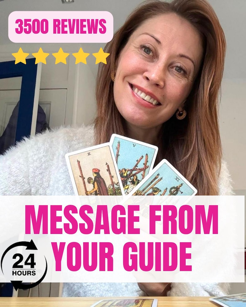 May include: A woman smiling, holding three tarot cards. The image includes text that reads "3500 REVIEWS" and "MESSAGE FROM YOUR GUIDE" with a 24-hour clock icon. The background is blurred.