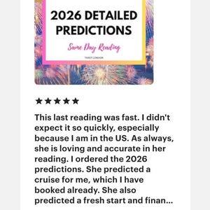 Pu&ograve; includere: Immagine con il testo "2026 DETAILED PREDICTIONS" e "Same Day Reading". Lo sfondo presenta un design di fuochi d'artificio colorati. Il testo "TAROT LONDON" &egrave; anche visibile.