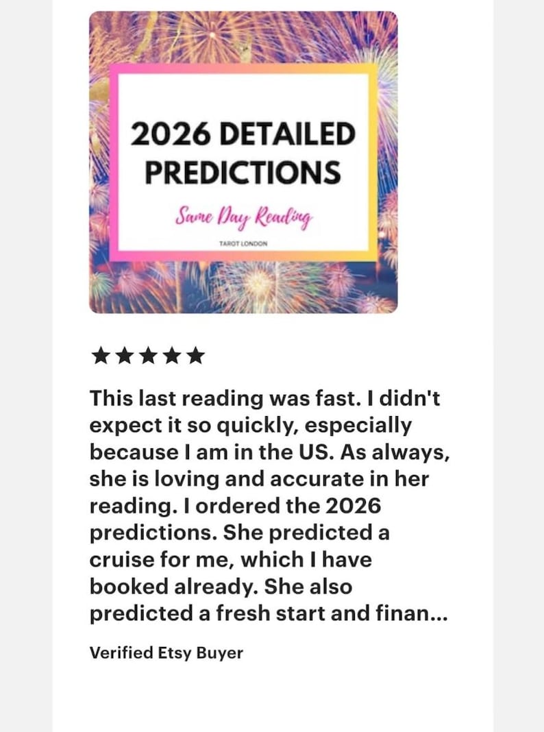 Pu&ograve; includere: Immagine con il testo "2026 DETAILED PREDICTIONS" e "Same Day Reading". Lo sfondo presenta un design di fuochi d'artificio colorati. Il testo "TAROT LONDON" &egrave; anche visibile.