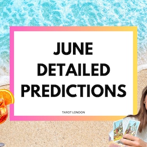 Op de afbeelding: Afbeelding toont een cocktail met sinaasappelschijfjes en ijs, met de tekst "JUNE DETAILED PREDICTIONS" op een witte achtergrond met een roze en gele rand. De achtergrond toont een strandscène met golven en zand.