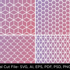 Puede incluir: Cuatro patrones geométricos sin costuras en un degradado de rosa y morado. Los patrones son un cubo, un panal, una escama de pez y un triángulo.