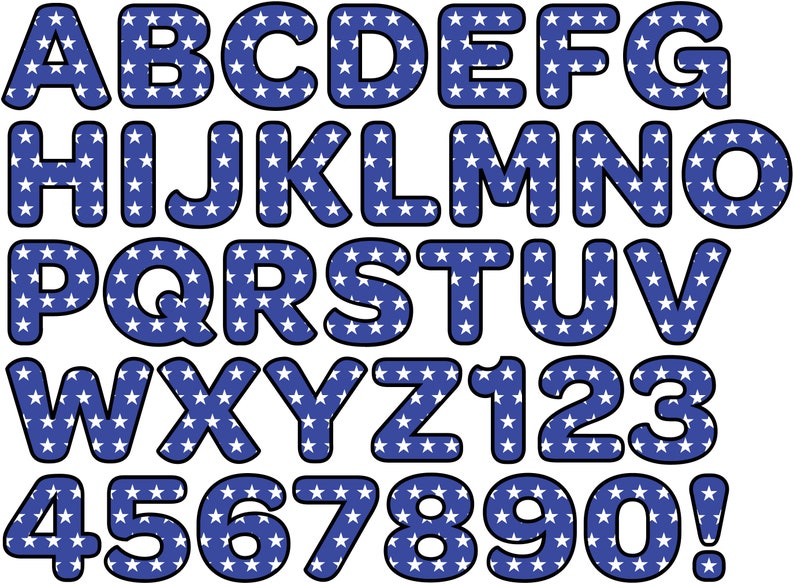 May include: A blue alphabet with white stars on each letter and number. The letters are uppercase and the numbers are 1 through 9 and 0. There is also an exclamation point.