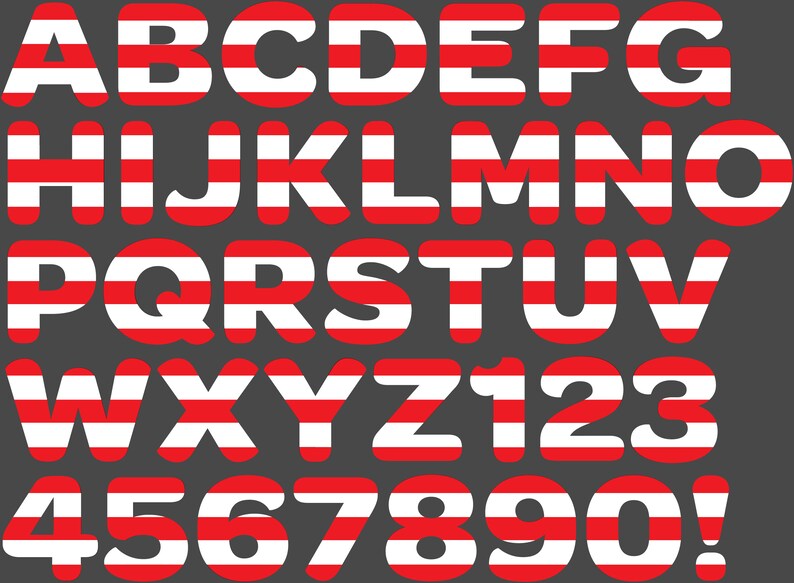 May include: Red and white striped alphabet letters and numbers. The letters are uppercase and the numbers are in a bold font.