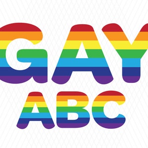 May include: Rainbow colored letters spelling "GAY ABC" in a bold, blocky font.