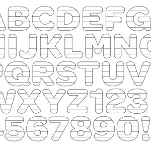 May include: Black and white alphabet and number font with a striped design. The letters and numbers are outlined in black and have a rounded, bubbly style.