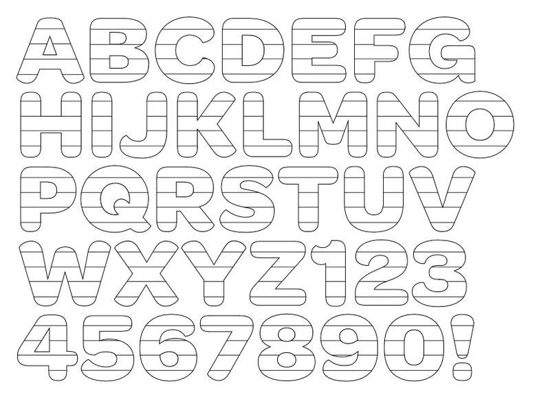 May include: Black and white alphabet and number font with a striped design. The letters and numbers are outlined in black and have a rounded, bubbly style.