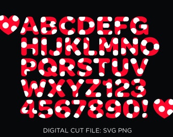 Minnie Mouse Polka Dot Alphabet, Numbers, Hearts SVG PNG (Digital Download)