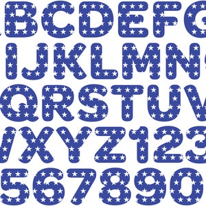May include: A blue alphabet and numbers with white stars on a white background.