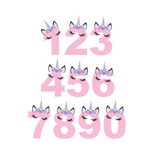 May include: Pink unicorn numbers 1 through 10 with closed eyes and a flower crown.