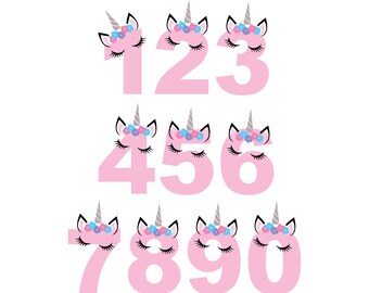 Puede incluir: Números del 1 al 10 en forma de unicornio rosa con los ojos cerrados y una corona de flores.