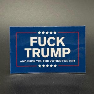 May include: A rectangular blue and red sign with the words "FUCK TRUMP" in large white capital letters. Below, smaller text reads "AND FUCK YOU FOR VOTING FOR HIM." The sign has five white stars at the top and bottom.