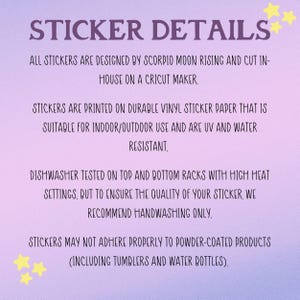 May include: A light purple background with the text "STICKER DETAILS" in a dark purple font. The text describes the stickers' design, materials, and care instructions. Yellow star illustrations are in the upper right and lower left corners.