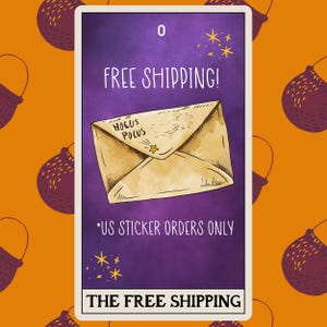 An infographic that shows a tarot card with an envelope on it. The tarot card is called "the free shipping." It says "free shipping! *US sticker orders only"