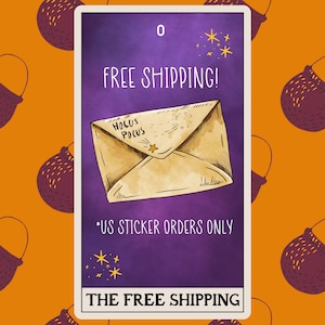May include: A whimsical card with a purple background and an orange border featuring a cauldron design. The card displays an illustration of an envelope with the text "Hocus Pocus" and the words "FREE SHIPPING!" in white.