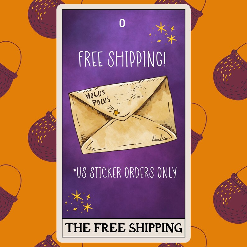 May include: A whimsical card with a purple background and an orange border featuring a cauldron design. The card displays an illustration of an envelope with the text "Hocus Pocus" and the words "FREE SHIPPING!" in white.