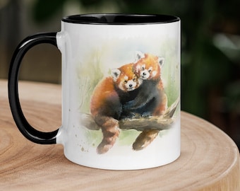 Taza de acuarela de panda rojo / Regalo personalizado para amantes de los animales / Taza de café con un lindo gato y oso rojo / Arte único de la vida silvestre / Regalo decorativo de panda rojo