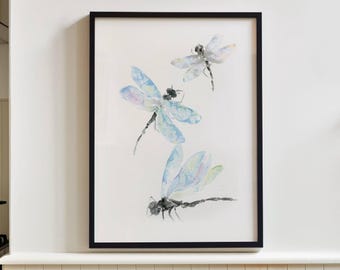 Dragonfly Watercolor Print – Botanical Insect Wall Art