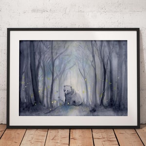 Fireflies and Bear Art Print, Enchanted Forest Wall Art, Whimsical Nursery Decor, Magical Nature Illustration, Physical Print
