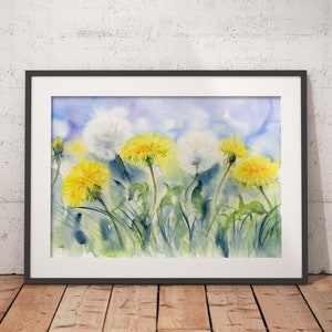 Stampa acquerello di denti di leone - Arte murale floreale - Dipinto di paesaggio botanico - Decorazione per la camera da letto - Regalo personalizzato - Opera d'arte di denti di leone