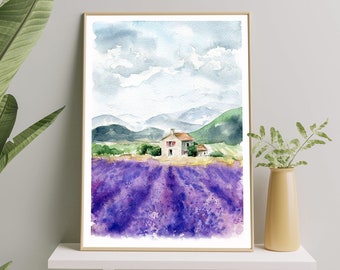 Country Landscape Lavender Wall Art Watercolor Painting Prints Landscape France Personalized Gifts