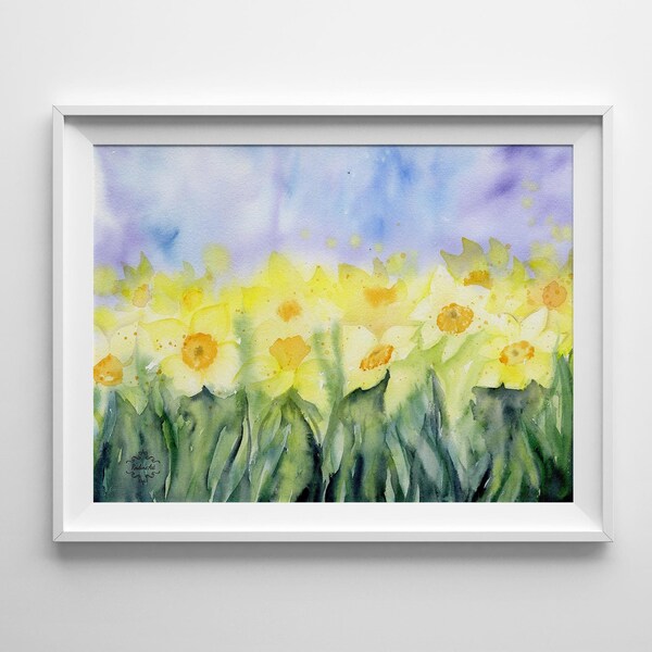 Lebendige Narzissen-Blumen-Landschafts-Aquarellmalerei-Wand-Kunstdrucke, personalisierte Geschenke
