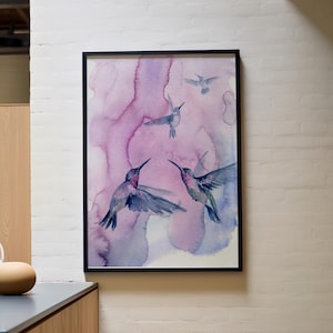 Hummingbird Watercolor Print – Purple Wall Art of Flying Birds, Nature-Inspired Home Decor, Vibrant Bird Painting, Gift for Bird Lovers