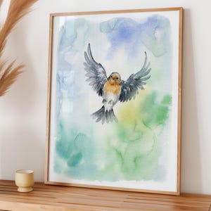 Arte murale con uccello pettirosso in acquerello – Stampa di un dipinto di pettirosso in volo – Illustrazione di un uccello primaverile – Decorazione poster con uccello in acquerello