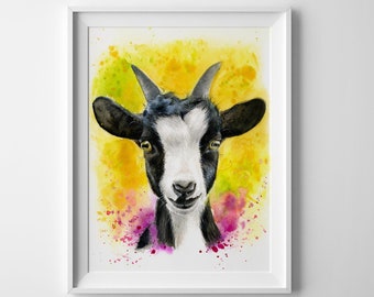 Cute Goat Portrait Watercolor Painting Wall Art Print Nursery Wall Decor Fine Art Printed and Shipped