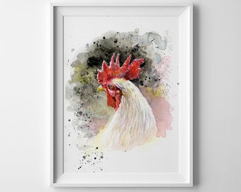 Art mural aquarelle coq, oiseau, impression de peinture d'animaux de la ferme