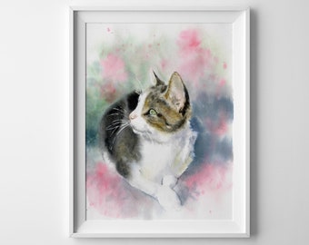 Cute Cat Watercolor Wall Art Cat Painting