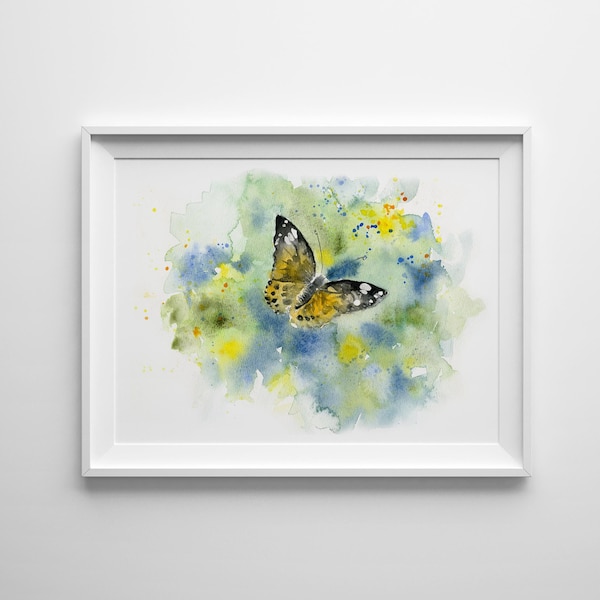 Aquarelle papillon vibrante, art mural, impression d'art floral, décoration de dortoir, art bleu et jaune