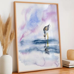 Watercolor Shorebird Art Print – Wading Bird Reflection Painting – Coastal Bird Wall Decor – Nature Illustration – Tranquil Seaside Gift
