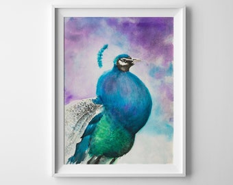 Peacock Watercolor Bird Wall Art Painting Print