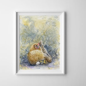 Mother Hen and Baby Chicks Watercolor Wall Art Painting