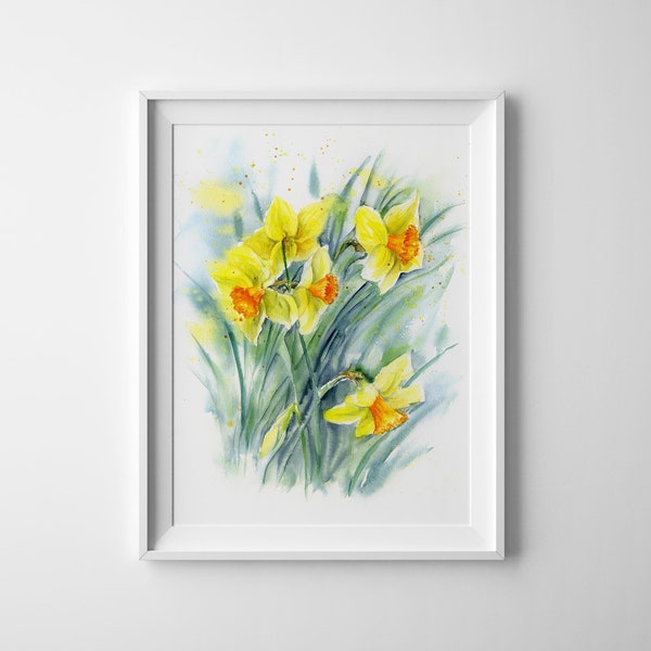 Yellow Daffodils Flowers Narcissus Wall Decor Watercolor Painting Wall Art Prints
