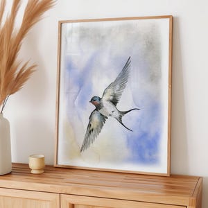 Stampa acquerello di rondine - Uccello in volo, decorazione murale, illustrazione della natura, decorazione minimalista di uccelli, regalo per gli amanti degli uccelli