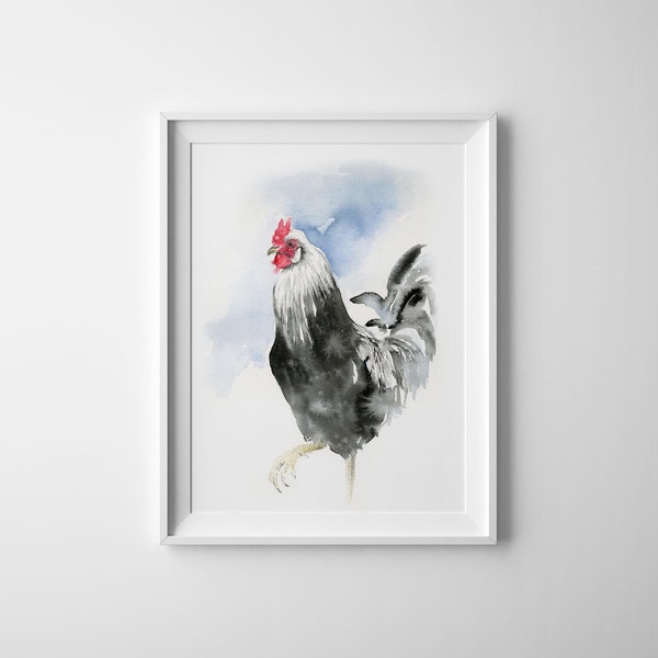 Art mural aquarelle coq, oiseau, impression de peinture d'animaux de la ferme