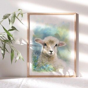 May include: A watercolor painting of a white lamb with blue and green flowers in the background. The lamb is looking directly at the viewer with its head tilted slightly to the side.