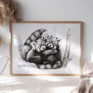Red Pandas Ink Drawing Wall Art Painting Prints by Robine Art Shop