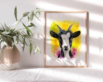 Cute Goat Portrait Print, Farmhouse Watercolor Wall Art