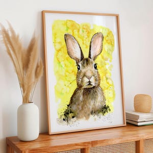 Impresión de pintura de acuarela con diseño de conejito, arte de pared para guardería, decoración de pared para guardería, regalo para amantes de los conejitos de Robine Art Shop