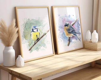 Conjunto de 2 impresiones artísticas de pared con acuarela de pájaros