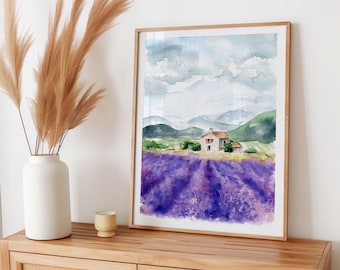 French Countryside Landscape Lavenders Wall Art Watercolor Painting Prints
