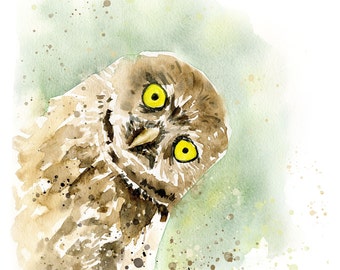 Owl Watercolor Print, Forest Bird Wall Art, Kids Nursery Decor